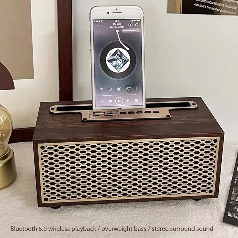 2-in-1 Wooden Wireless Speaker with Phone Stand – Bluetooth, FM Radio, TF Card, and USB