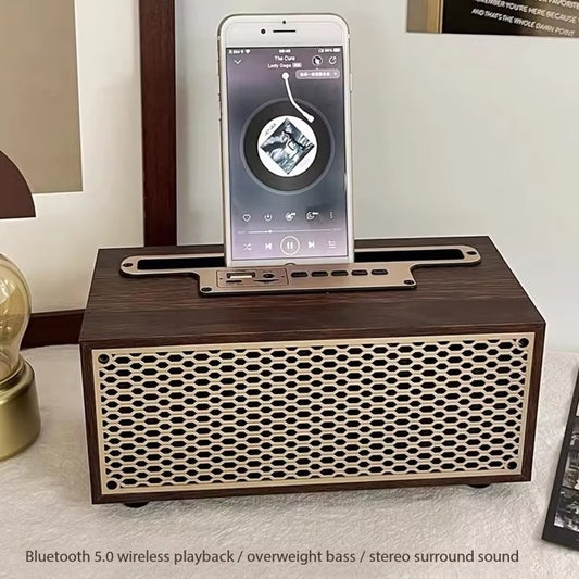 2-in-1 Wooden Wireless Speaker with Phone Stand – Bluetooth, FM Radio, TF Card, and USB