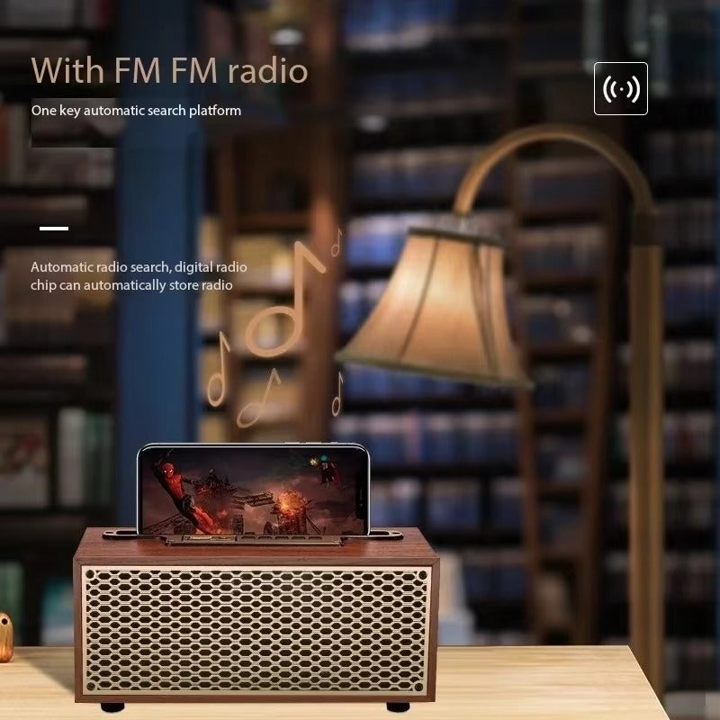 2-in-1 Wooden Wireless Speaker with Phone Stand – Bluetooth, FM Radio, TF Card, and USB